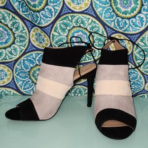 BCBGeneration Black, Gray and Cream Heeled Peeptoe Booties - NWOB